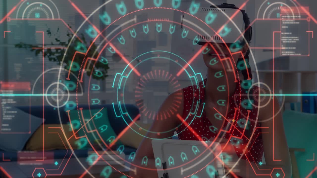 procesamiento de datos y escáner de alcance de neón contra mujer caucásica que usa auriculares vr en casa