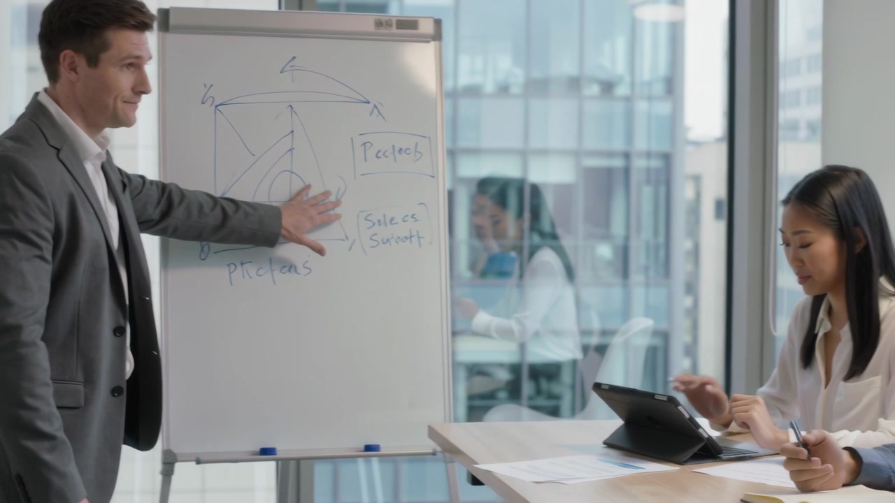 Inizio riunione: un uomo in completo grigio traccia su un flipchart spiegando collegamenti in sala riunioni, con spazio per il testo.