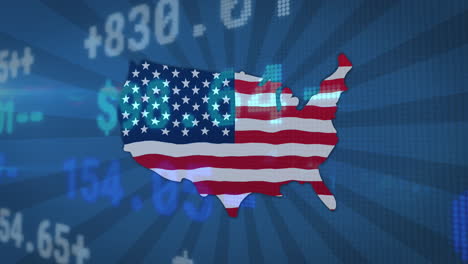 animation of financial data processing over map of usa with american flag