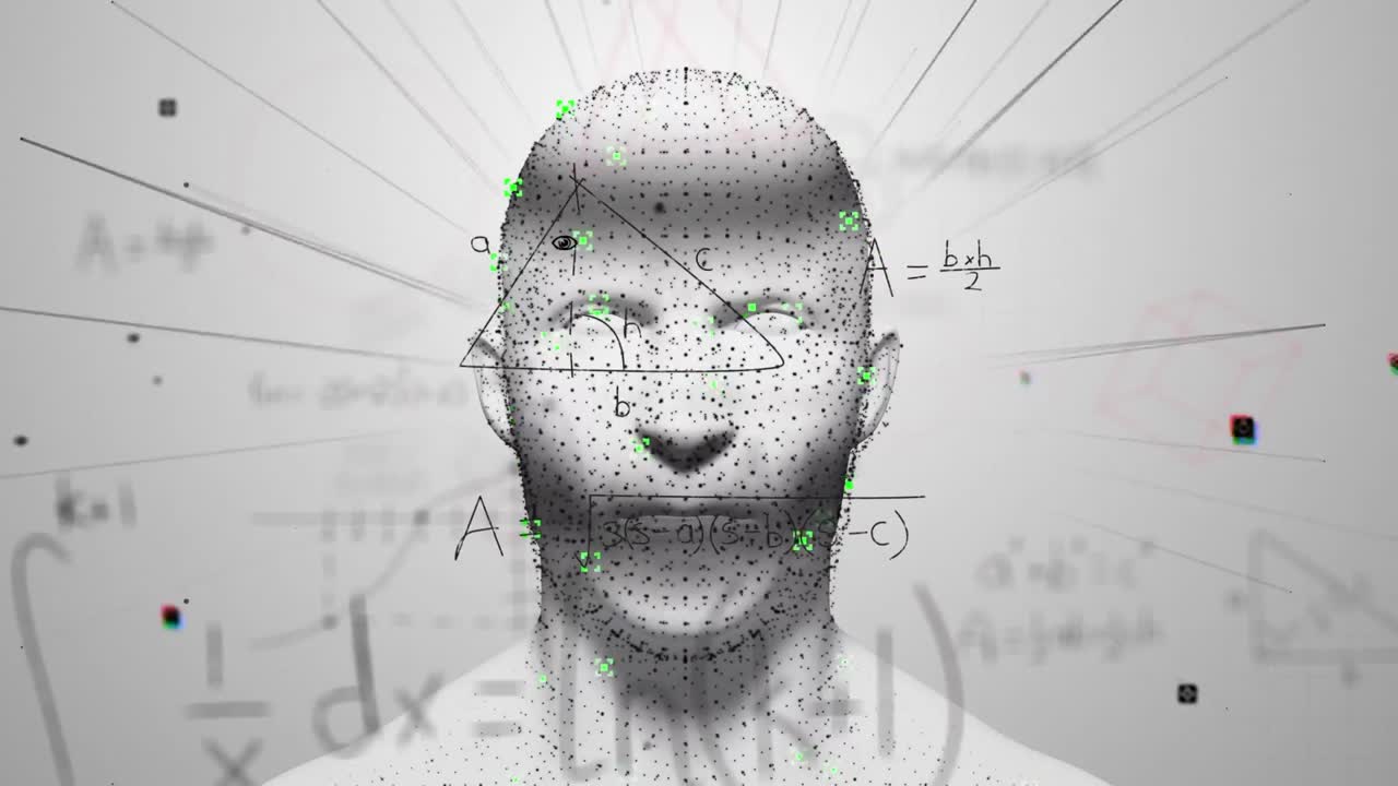 animación de la cabeza digital y las ecuaciones matemáticas sobre fondo blanco