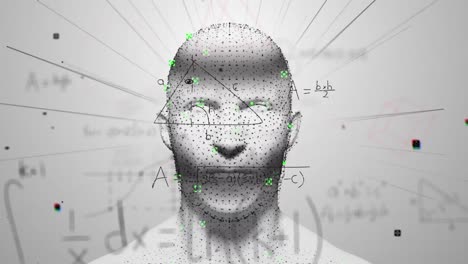Animation-of-digital-head-and-mathematical-equations-on-white-background