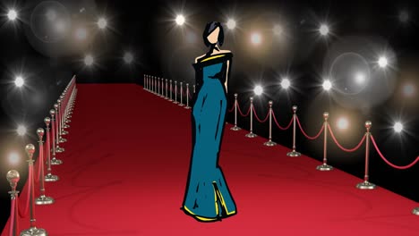 Animation-of-drawing-of-model-on-red-carpet-at-fashion-show,-on-black-background