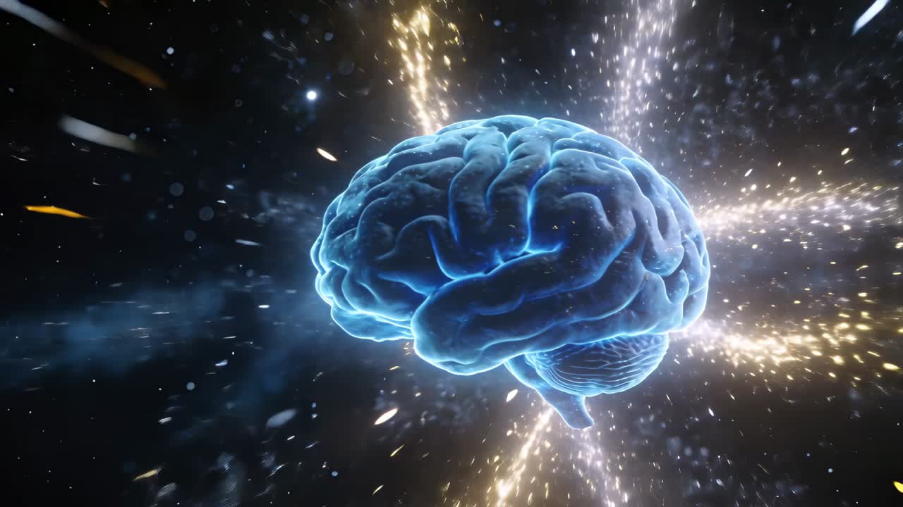 Un cervello olografico blu rotante che emette impulsi e forma flussi dorati in un campo di particelle cosmiche.