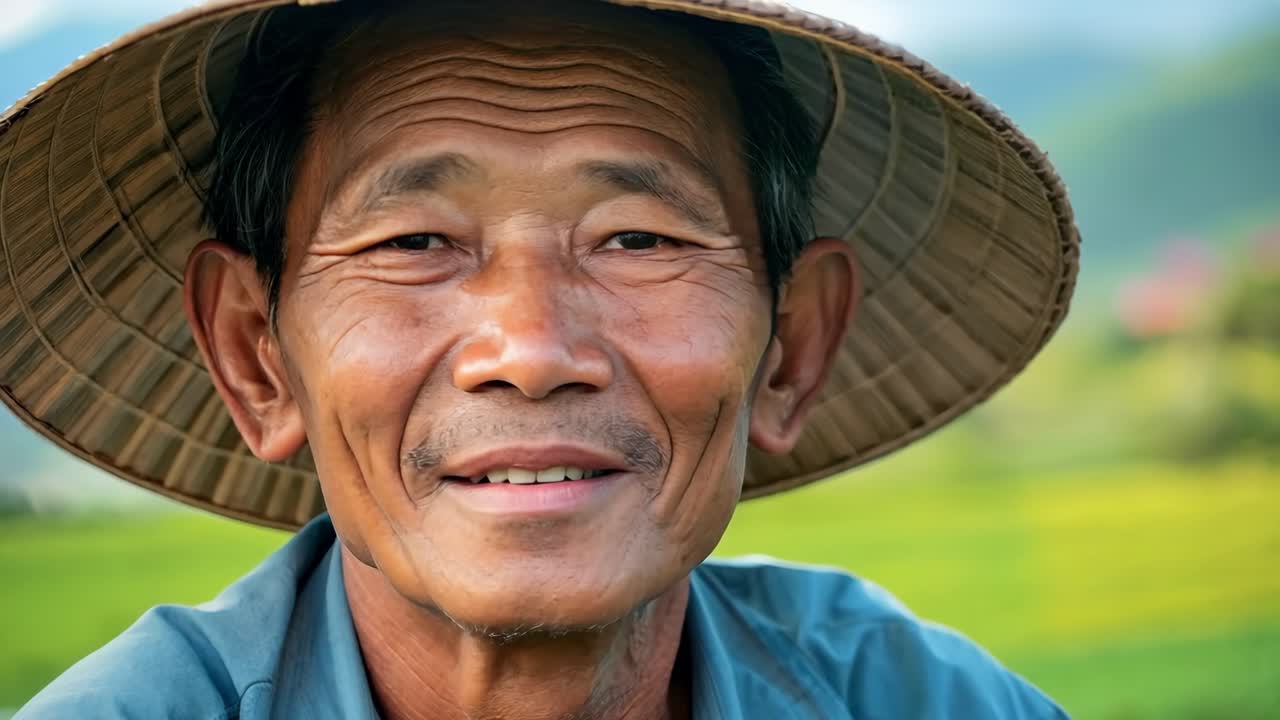 Mature asian farmer in traditional conical hat smiling warmly while standing in lush rural landscape, representing authentic agricultural lifestyle and cultural heritage