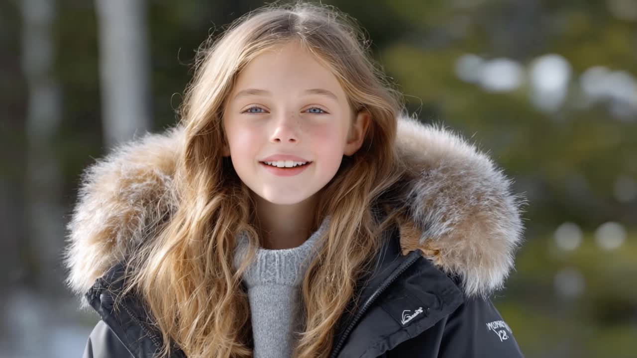 A Bright Smiling Girl Enjoying a Winter Wonderland, Showcasing Joy and Youthfulness in a Cozy Parka Surrounded by Nature's Beauty