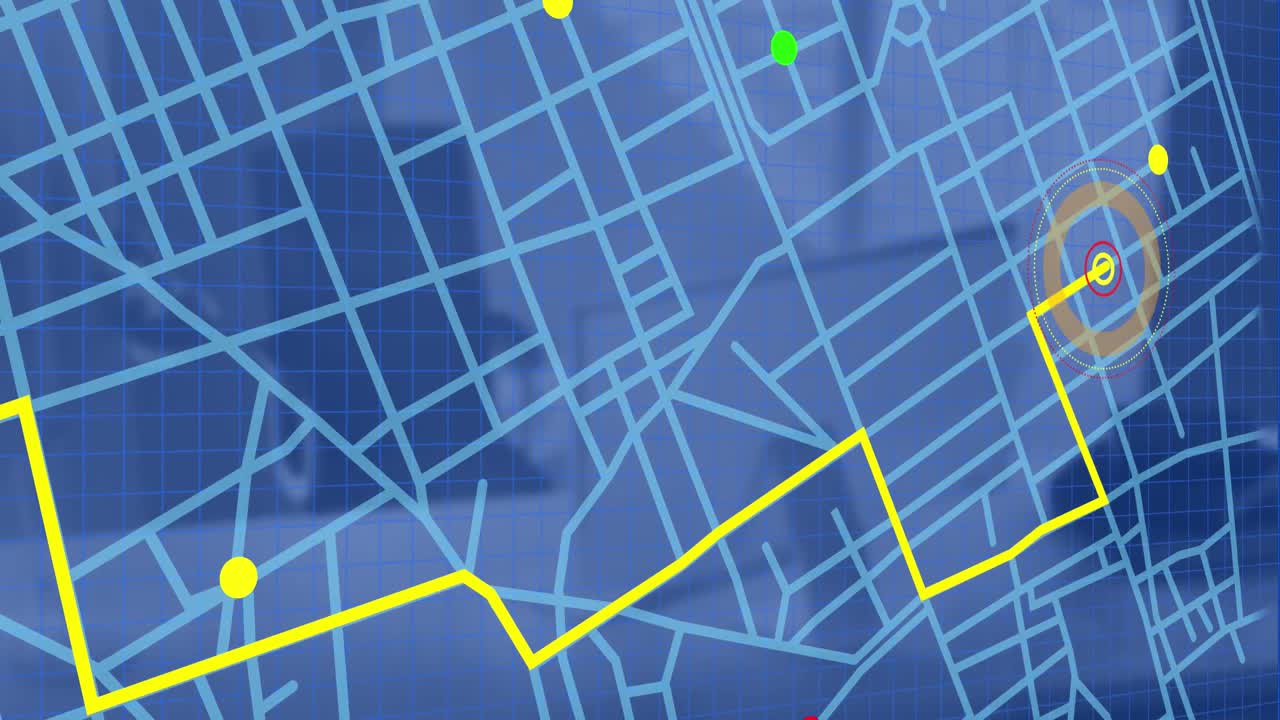 animación del mapa de la ciudad con gps sobre el escritorio de la oficina con la computadora.