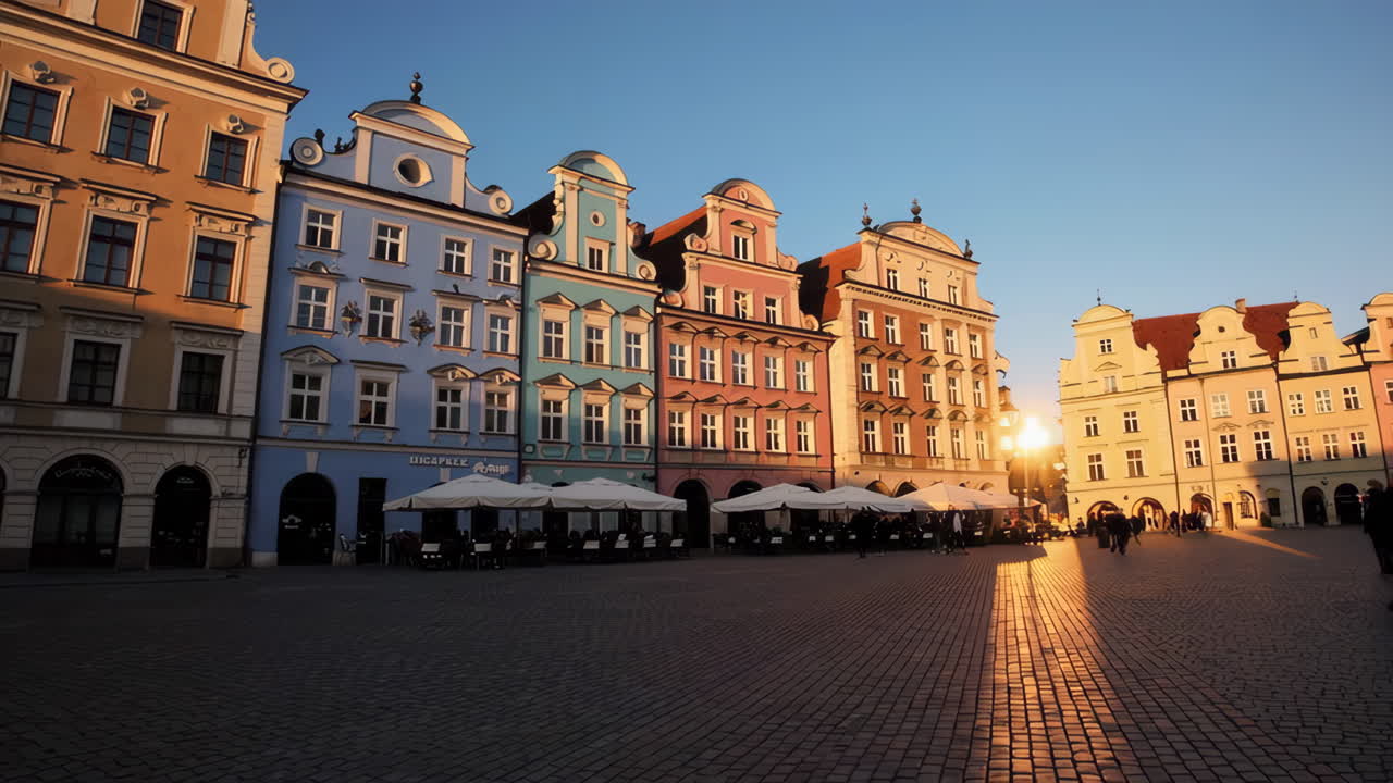 Colorful historic buildings in a European city square at sunset