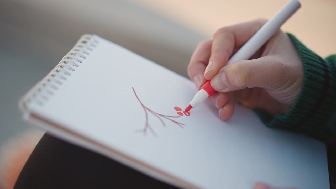 Person Drawing a Red Berry Branch in a Sketchbook