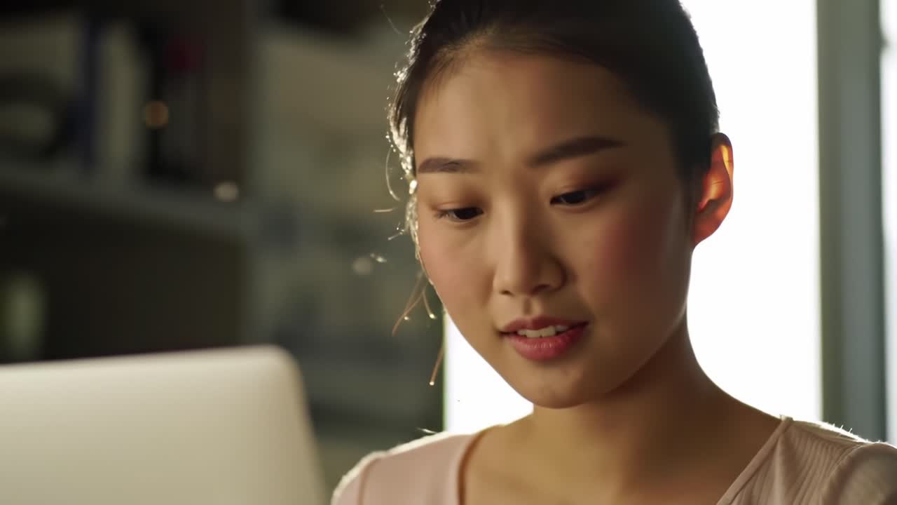 A Young Woman Engaged with Her Laptop in a Thoughtful Moment, Illuminated by Soft Natural Light in a Cozy Indoor Environment, Reflecting Focus and Concentration