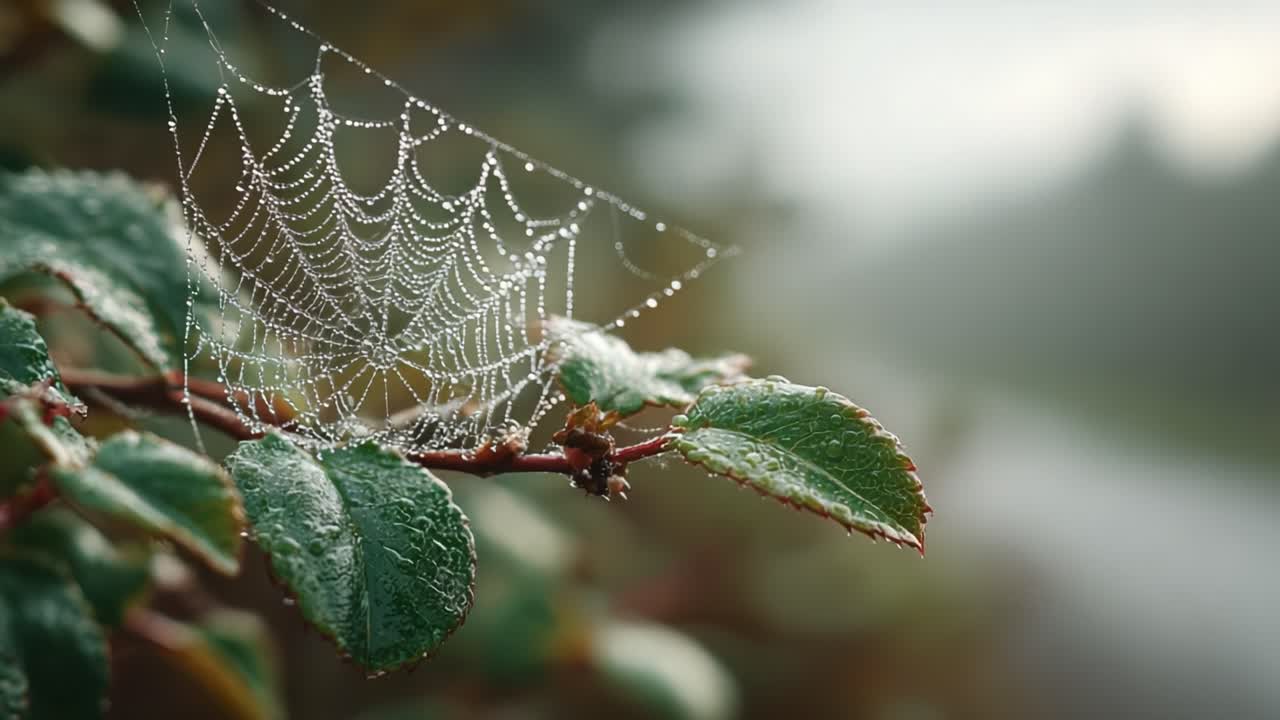 A Close-Up View of a Delicate Spider Web Adorned with Droplets, Capturing the Beauty of Nature During a Misty Morning