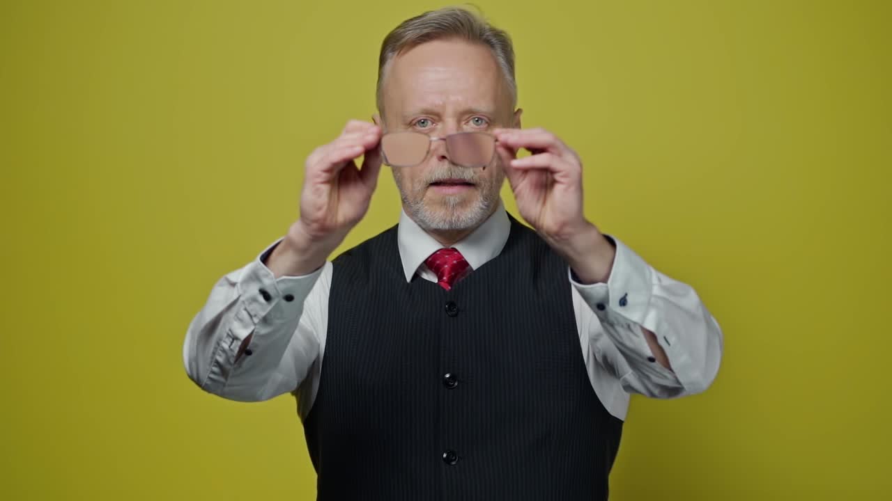 Senior man holding glasses in hands. Smiling old man in shirt is looking at his glasses on the yellow background. Slow motion.