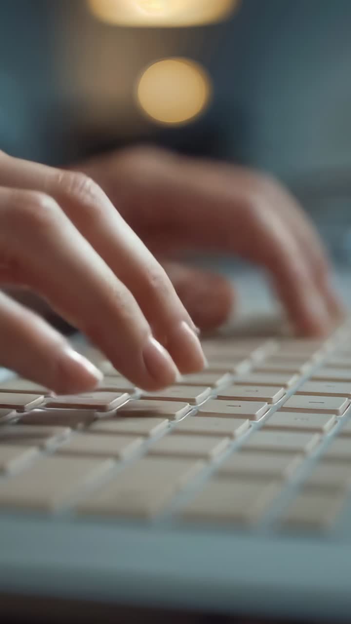 Vertical video: Typing adult hands pressing keys at desk after pause, composing text on keyboard