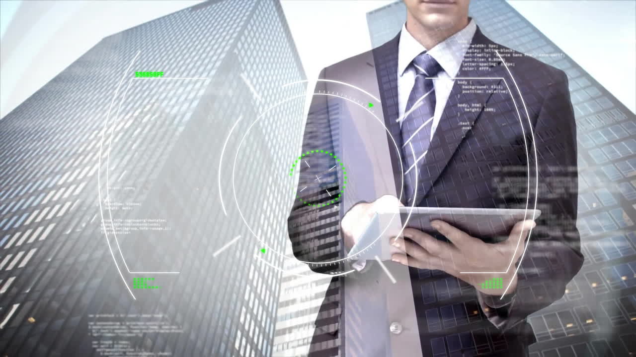アニメーション: スコープ・スキャニングとタブレット・オーバー・シティスケープを利用する白人ビジネスマン