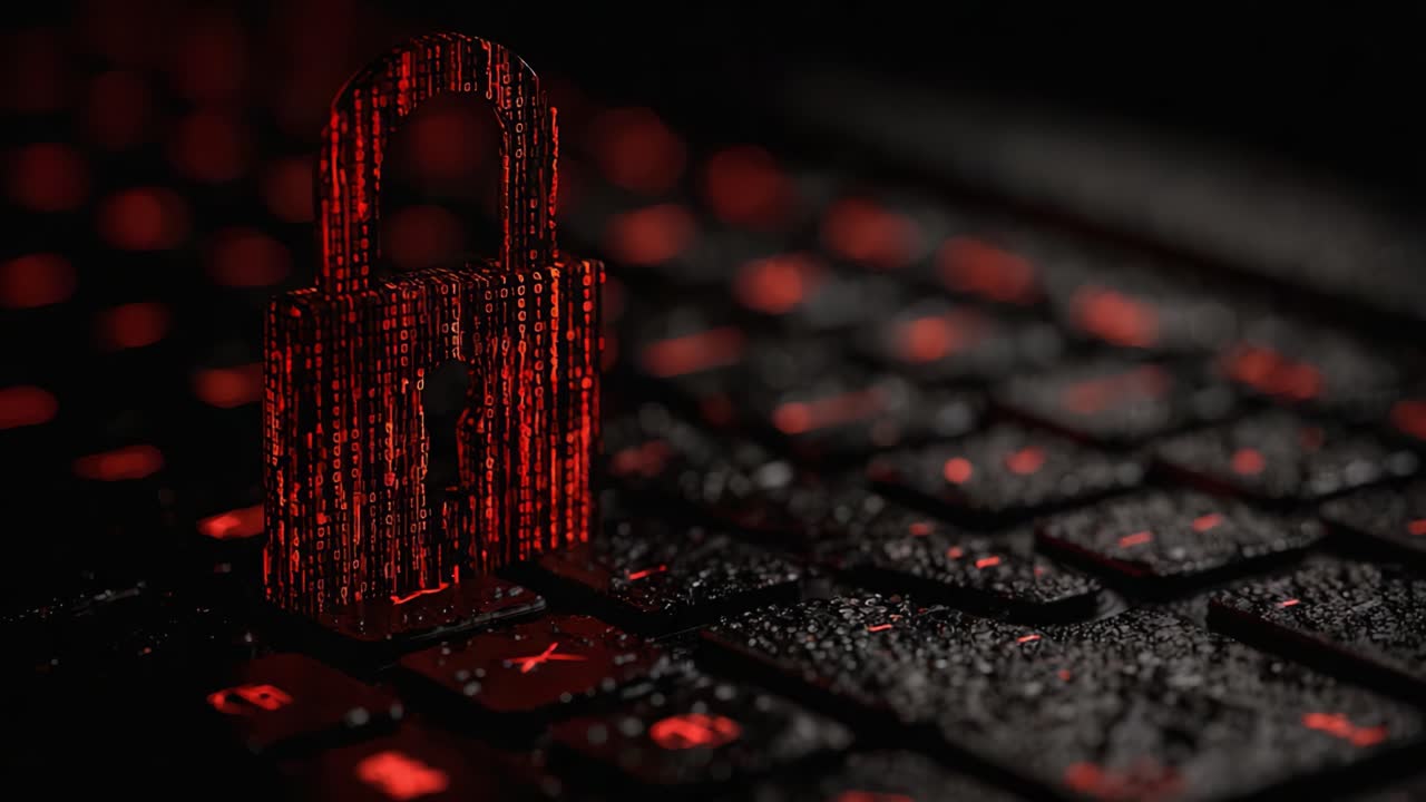A Digital Security Concept: Red Lock Icon on a Wet Keyboard Symbolizing Cyber Protection and Data Security Measures in a Modern Technological Environment
