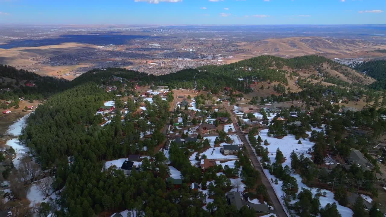 Lookout Mountain Genesse Morrison Evergreen aerial drone view Colorado Golden Gate Canyon power lines winter sunny cloudy afternoon Buffalo Bills Grave blue sky Boulder Denver city circle right motion