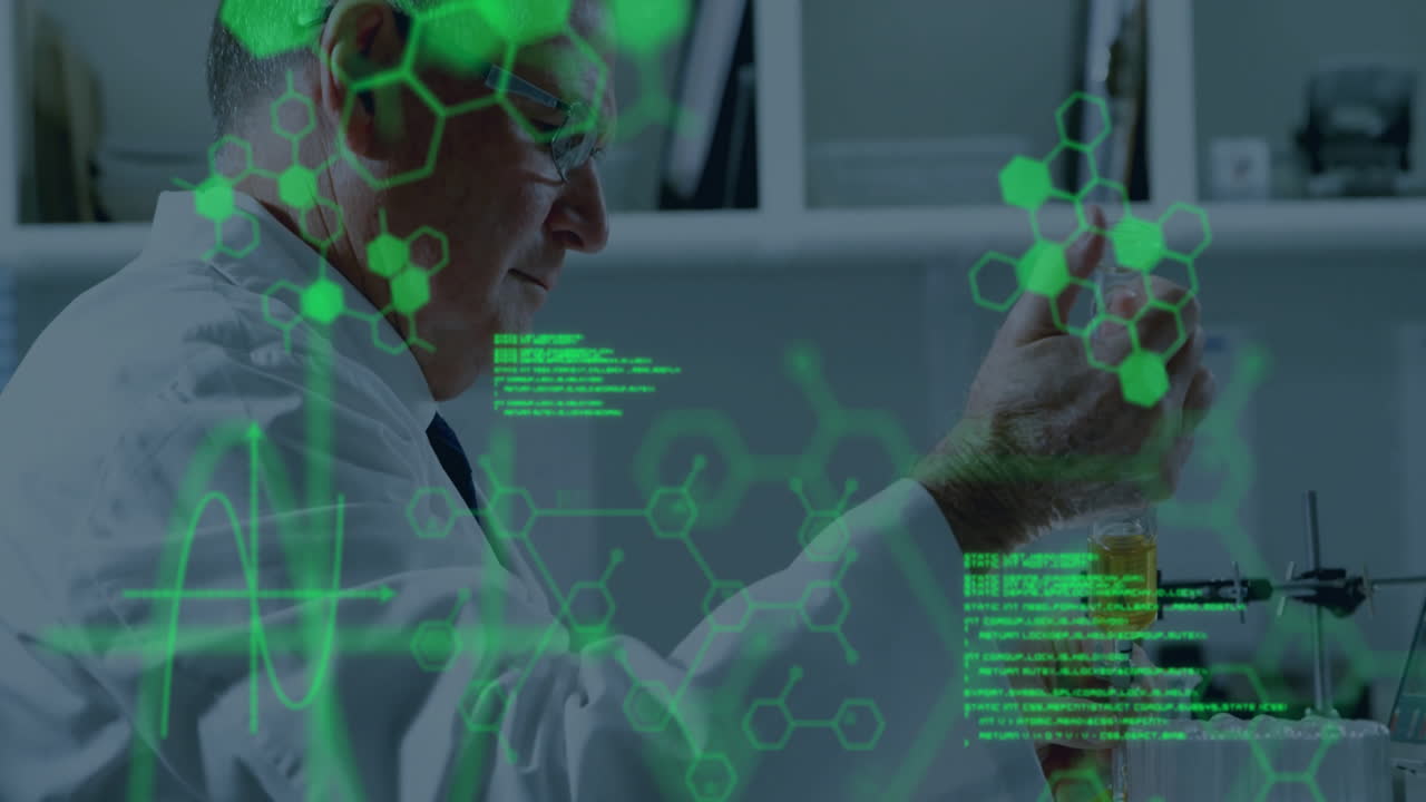 animación del procesamiento de datos científicos sobre un científico caucásico en el laboratorio.