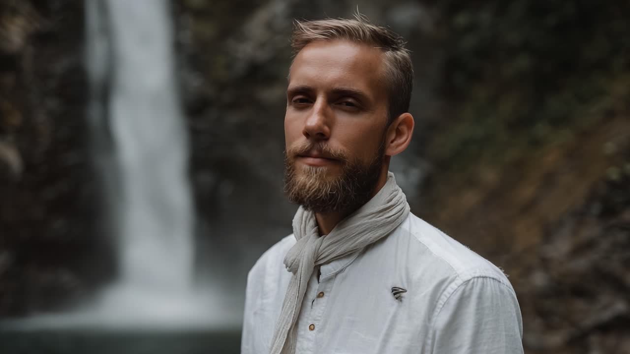 A Tranquil Moment by the Waterfall: Capturing Serenity and Reflection Through a Man's Contemplative Presence Amidst Nature's Majesty