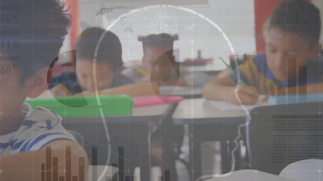 animación de la interfaz infográfica, dibujo de la cara humana, diversos estudiantes escribiendo en el cuaderno