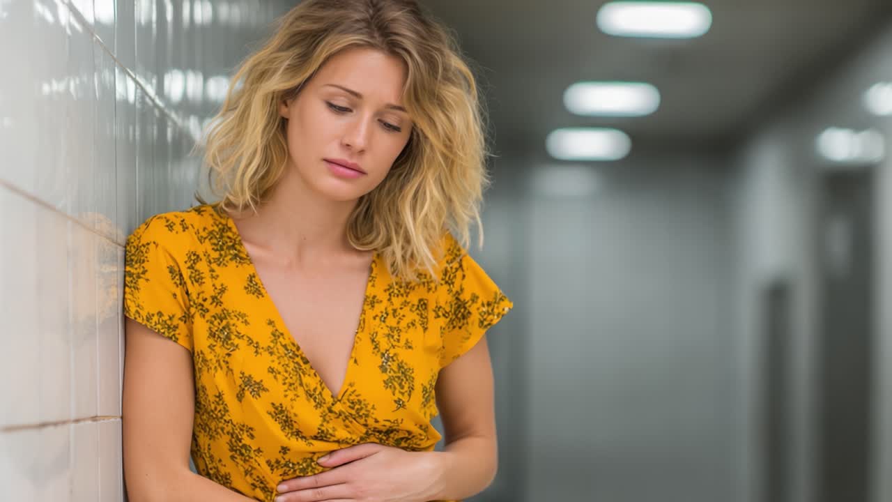 A contemplative moment captured in a hallway, featuring a young woman in a vibrant yellow dress, expressing a blend of emotions as she leans against the wall, lost in thought