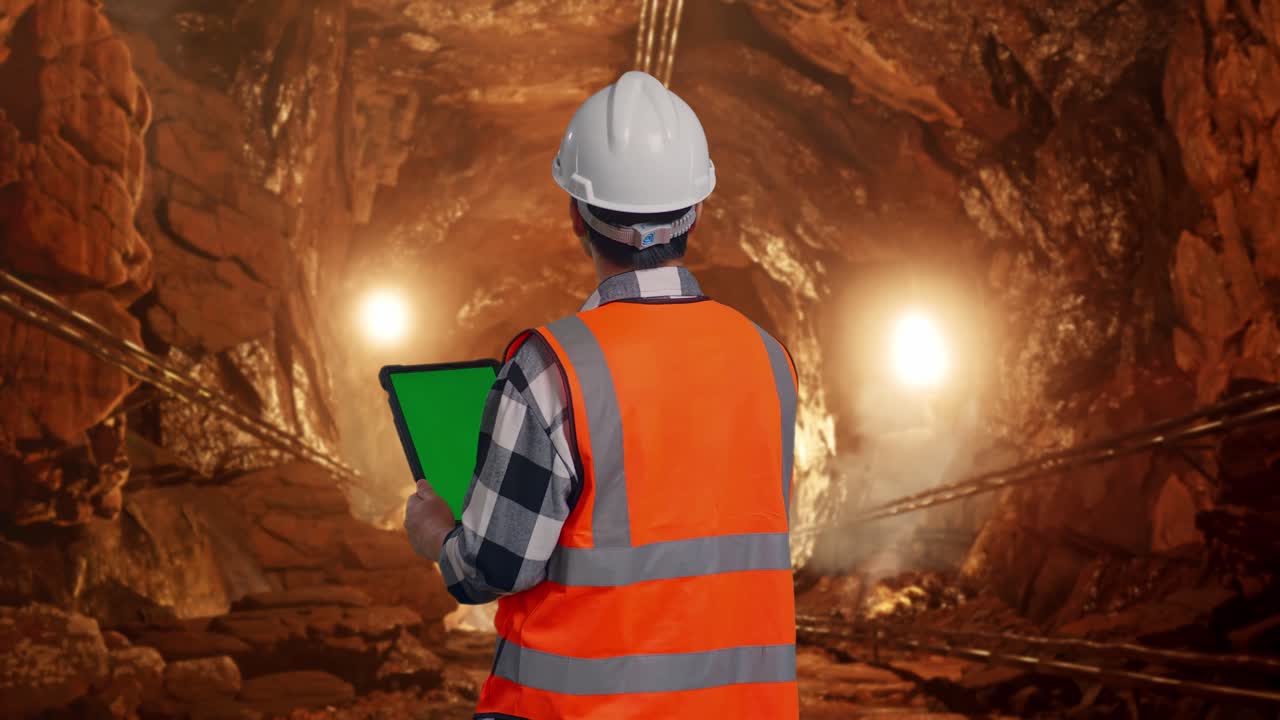 Back View Of Asian Male Engineer With Safety Helmet Working On A Green Screen Tablet And Looking Around While Standing In Underground Mine Tunnel