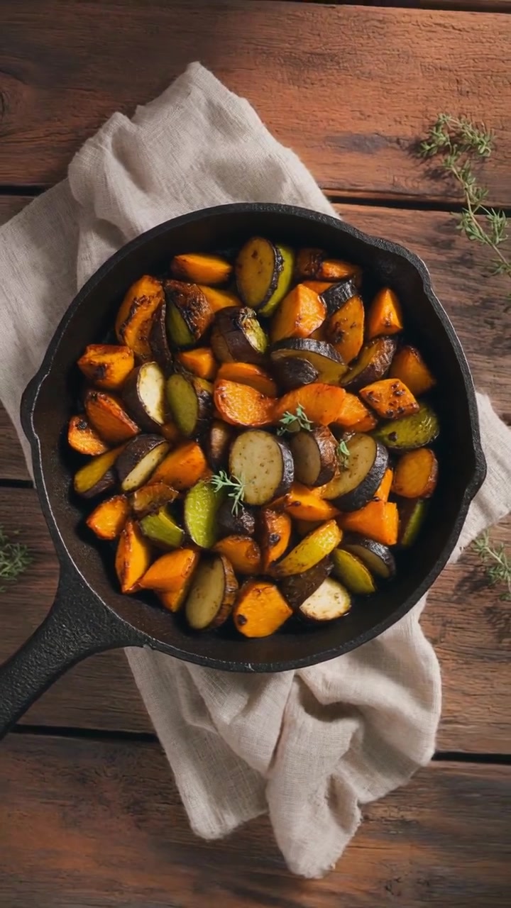 Verdure arrostite in una padella di ghisa su un tavolo di legno