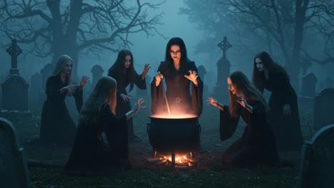 a dark gathering of mystical sorceresses practicing ancient rituals around a cauldron in a foggy graveyard, emanating enchantment and supernatural energy