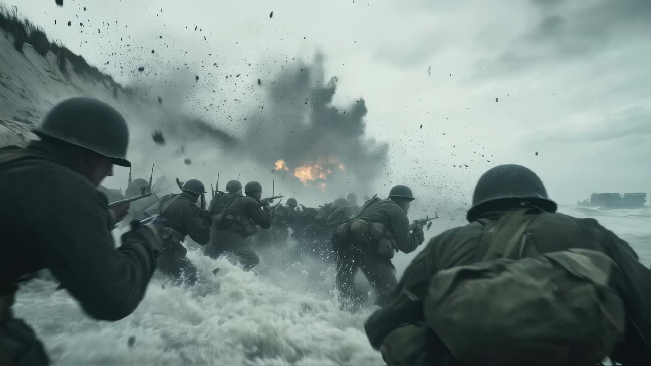 Determined infantry soldiers moving forward through intense battlefield explosions and heavy gunfire, depicting brutal amphibious assault conditions during military combat operation
