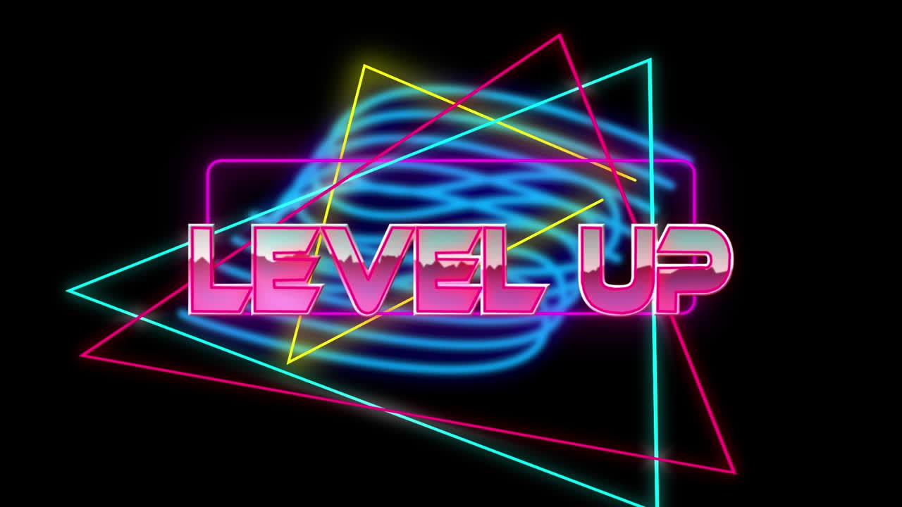 Animation of level up text over light trails on black background