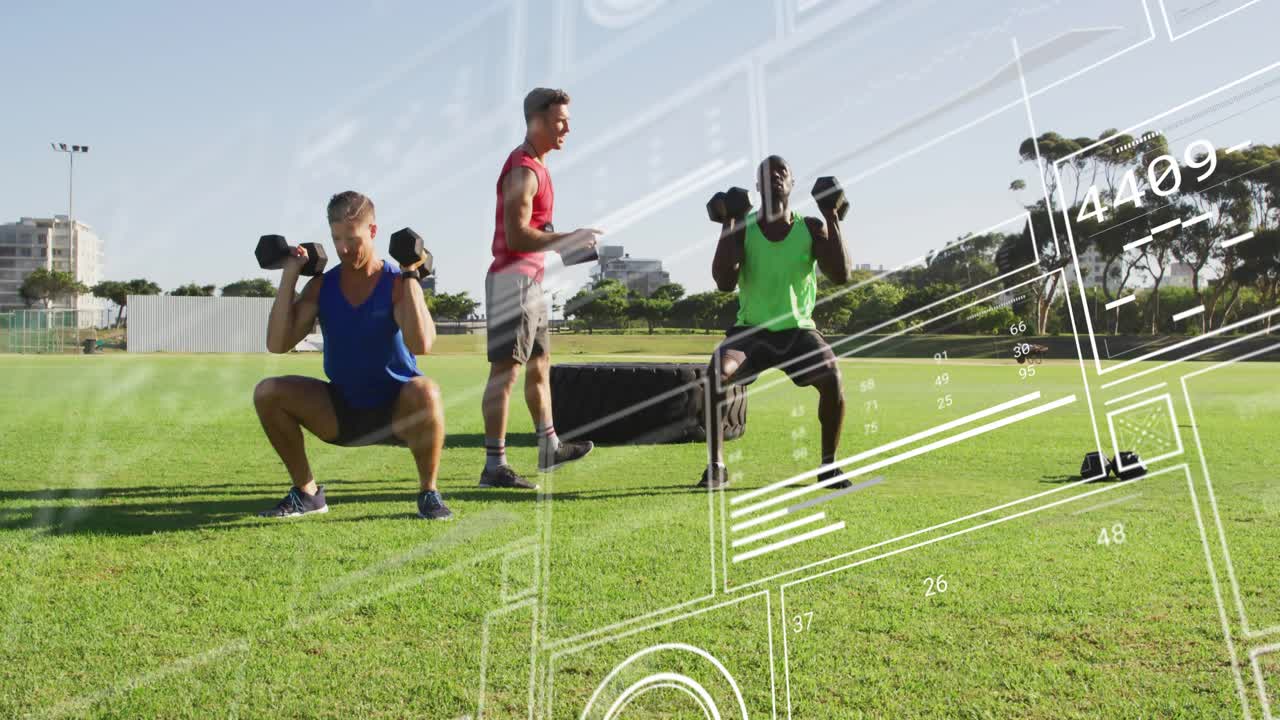 Two men doing dumbbell squat press for training, coach cueing reps, data overlay sweeping over them