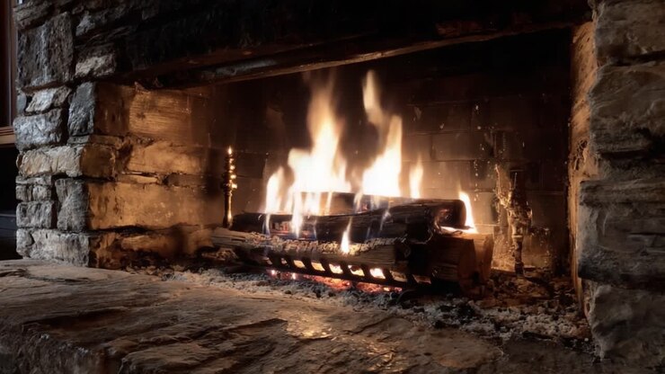 Cozy Indoor Fireplace: Embracing Warmth and Comfort with Flickering Flames in a Rustic Setting, Enhancing the Ambiance of Any Living Space