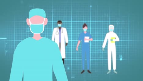 animation of medical workers and an electrical activity of the heart in the background