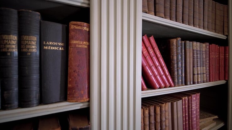 Book shelve full of old medical books in the office room in an old mansion