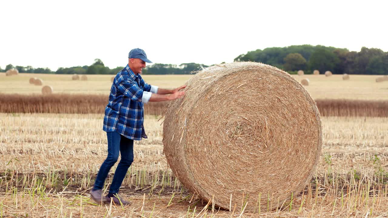 un granjero sonriente rodando balas de heno y gestando en la granja