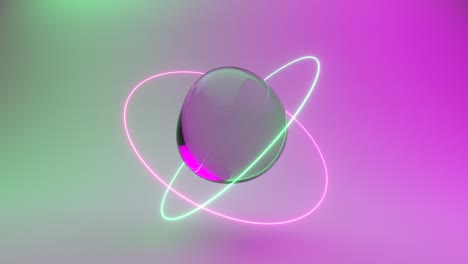 abstract background with morphing water spheres illuminated by neon rings. 3d animation of seamless loop