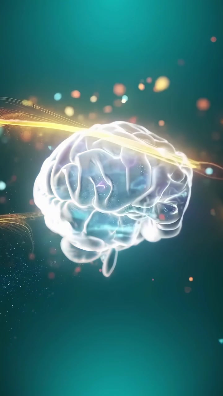 Modello digitale di cervello umano in rotazione con particelle luminose