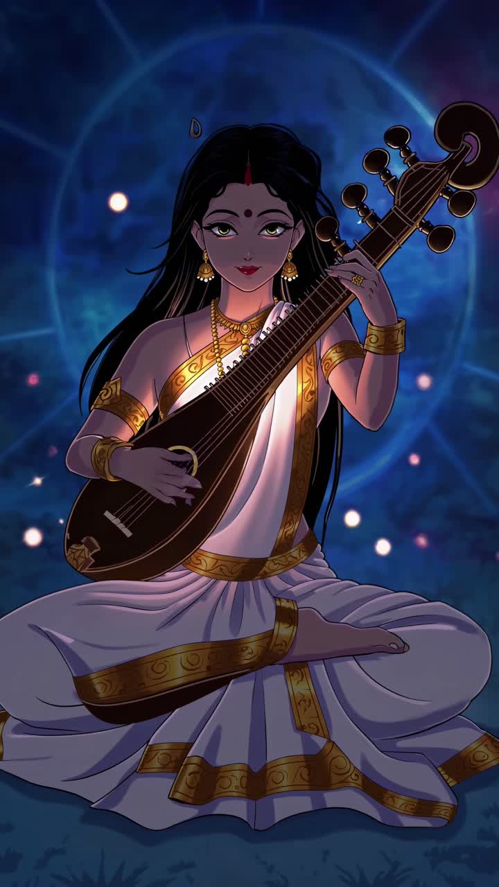 Representação Animada da Deusa Saraswati tocando a Veena