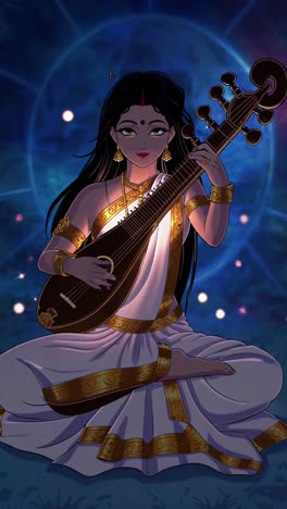 animated depiction of goddess saraswati playing the veena