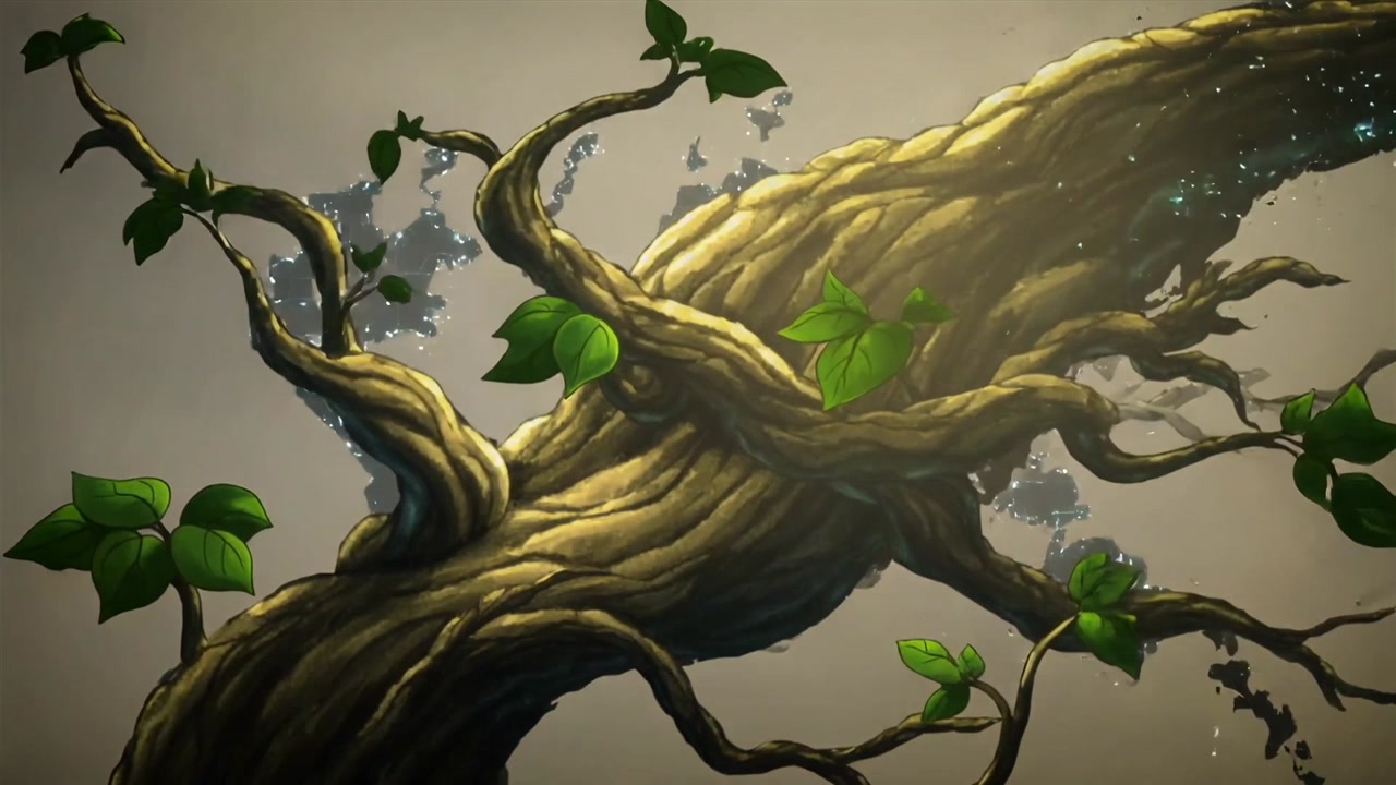 Morphing neon-blue map pulsing nodes and grid, drawing turquoise tendrils into leafy green branch