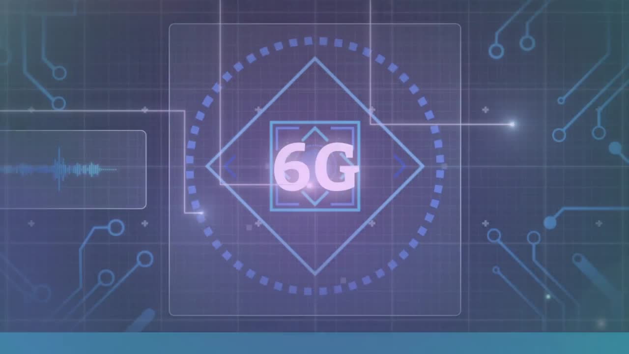 animación de texto de 6g, procesamiento de datos y alcance en pantallas sobre cuadrícula
