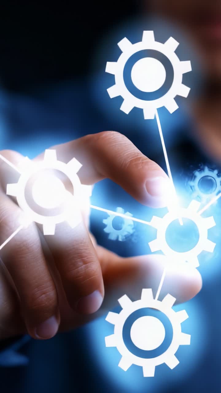 A Person Manipulating Digital Gears to Represent Technology, Automation, Innovation, and Future Solutions in a Modern Business Environment
