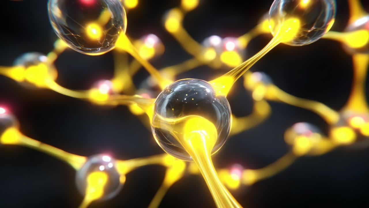 Intricate network of glowing particles interconnected by luminous strands, depicting a captivating visualization of molecular structures and dynamic interactions in a vibrant digital landscape