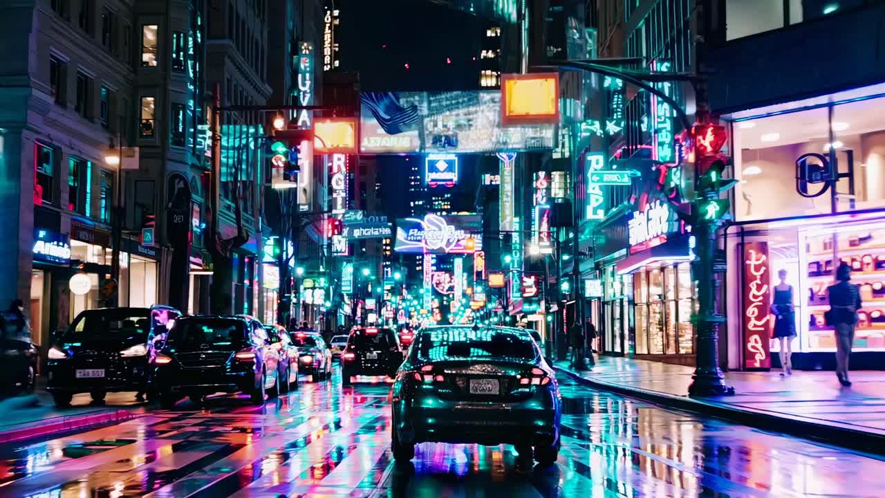 Vibrant cityscape at night with neon lights reflecting on wet streets, captured from a low-angle