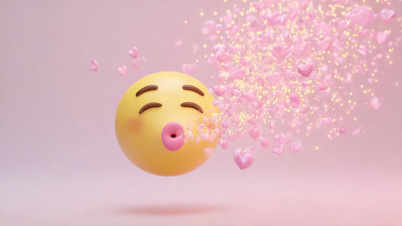 Whimsical Emoji Blowing Heart Confetti: A Playful Animation Featuring a Cheerful Emoji Emitting Sparkling Hearts and Sparkles, Perfect for Evoking Joy and Love in Digital Communications