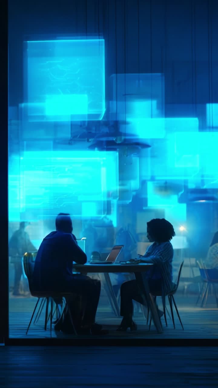 A Dark Room Illuminated by Vibrant Tech Screens: Two Silhouetted Figures Engaged in Deep Conversation Over a Table Inside a Modern Workspace