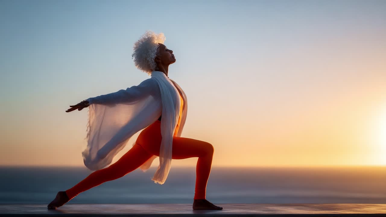 A Serene Outdoor Yoga Pose at Sunset: A Woman in a Graceful Warrior Stance, Capturing the Essence of Peace and Mindfulness Against a Beautiful Twilight Sky