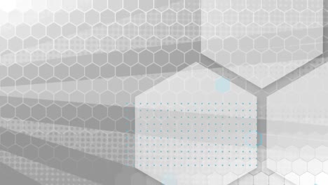 Animation-of-hexagon-outlines-mesh-over-rotating-grey-stripes-moving-in-seamless-loop