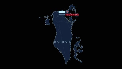 blue stylized bahrain map with manama capital city and geographic coordinates on black background