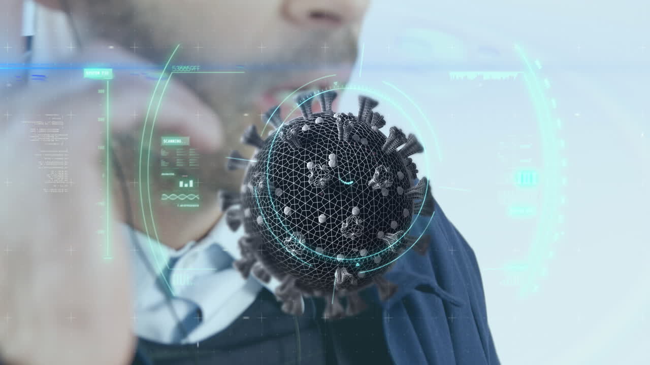 video compuesto digital del escáner de células de covid-19 contra un hombre hablando en auriculares de teléfono