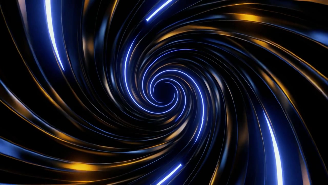 Sfondo dinamico di tunnel a spirale con luce neon blu e oro
