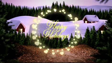 Happy-holidays-text-over-heart-shaped-fairy-lights-against-winter-landscape-with-house-and-trees